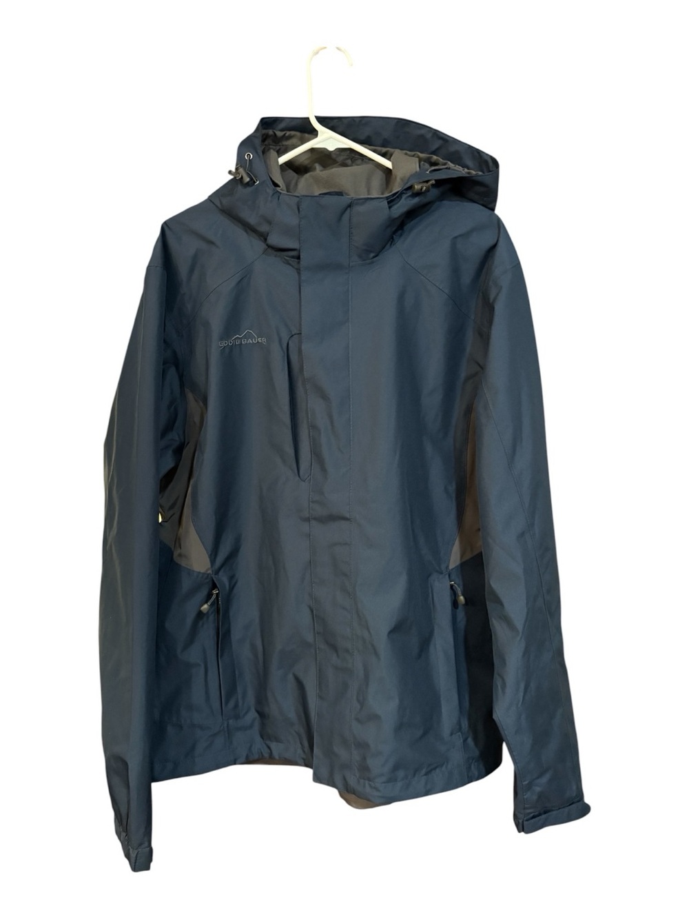 Eddie Bauer Navy Hooded Waterproof Raincoat with Gray Accents